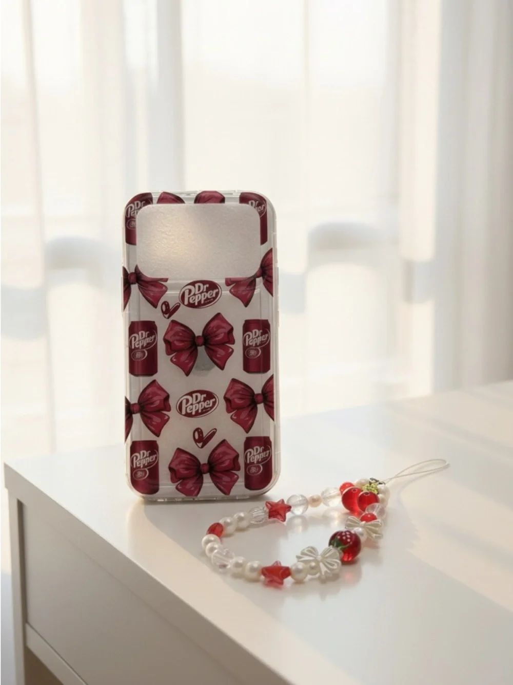 iPhone 17 Pro Dr Pepper Bow Phone Case + Beaded Cherry Bow Charm